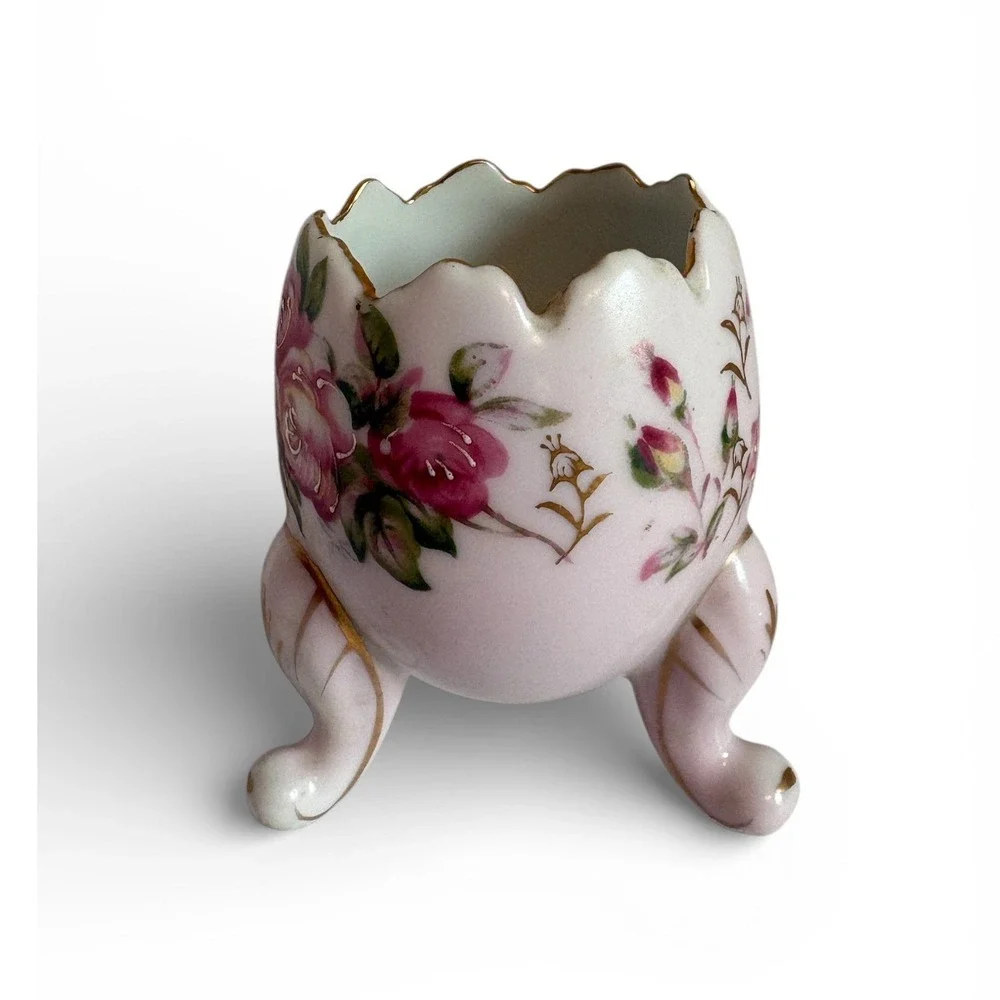 Vintage Fine Quality Japan Porcelain Floral‎ Egg Vase Pink Rose Gold Gilt Tripod